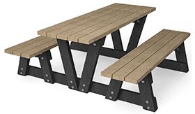 Recycling picknicktafel model LYON zonder rugleuning - bankprofiel in de kleur beige - poten in de kleur zwart met een afmeting van 1800x1830x720mm