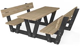 Recycling picknicktafel model LYON met rugleuning - bankprofiel in de kleur beige - poten in de kleur zwart met een afmeting van 1800x1830x720mm