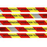 500 meter afzetband in de kleuren geel-rood-relecterend met de tekst GEVARENZONE